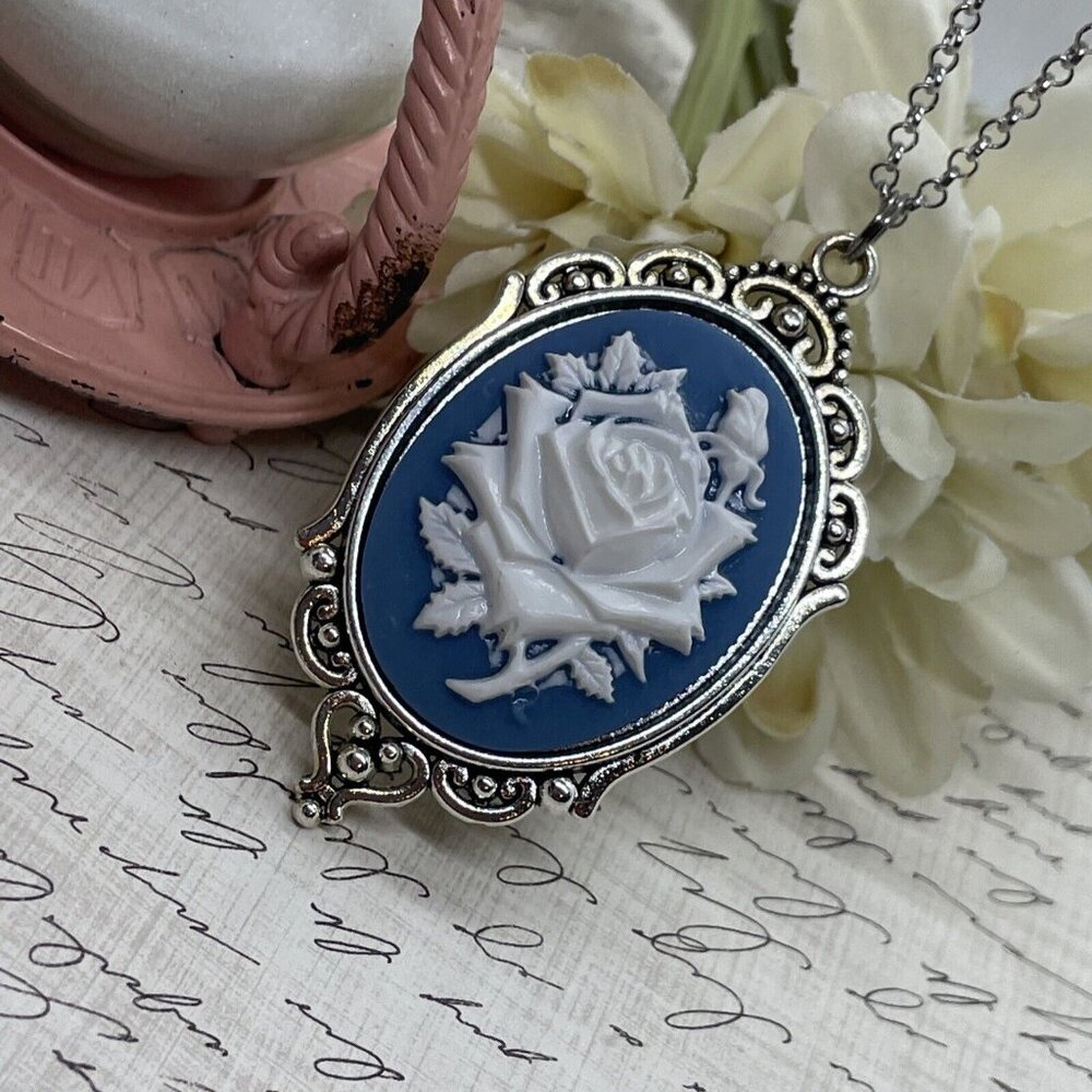 Easter Mother's Day Dusty Blue Teal Blue Rose White Cameo Necklace Silver heart